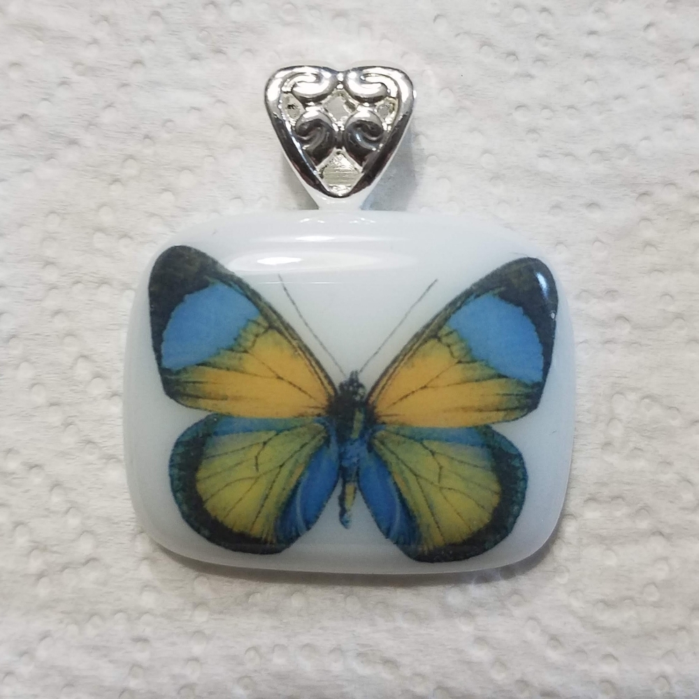 White/blue/yellow 🦋 butterfly glass pendant